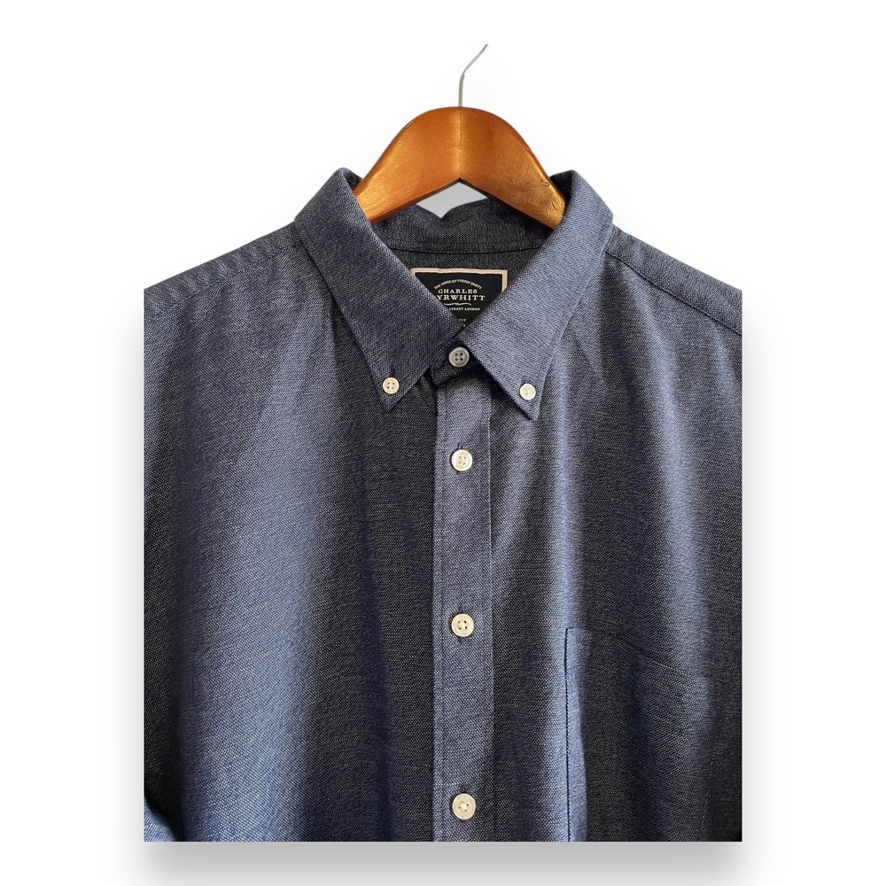 Charles Tyrwhitt Mens XL Slim Fit Non-Iron Navy Blue Birds Eye Button Down Shirt